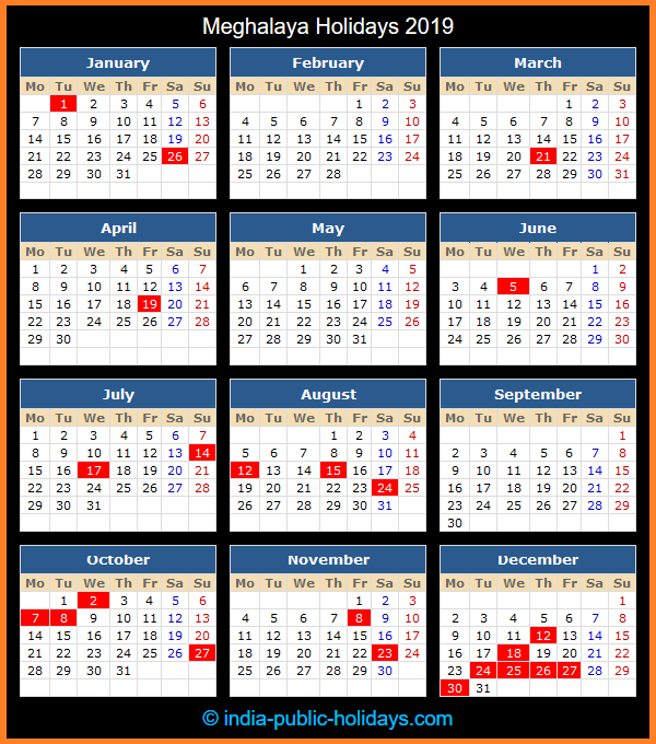 Meghalaya Holiday Calendar 2019